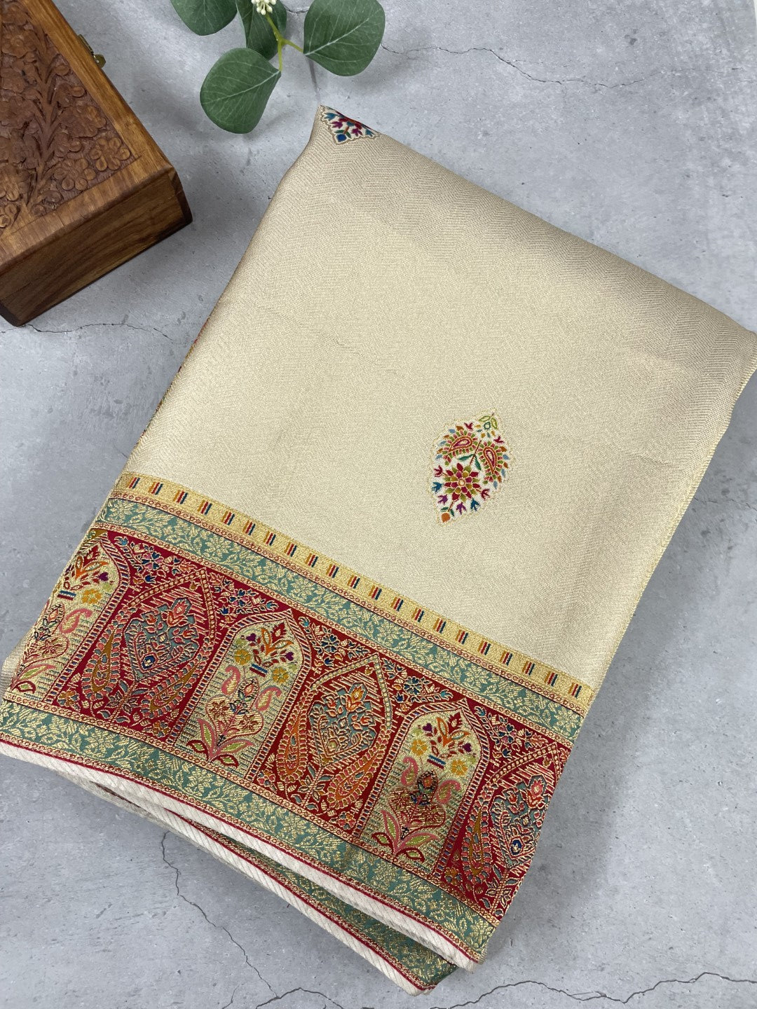 Off White Pashmina Tissue Silk Saree