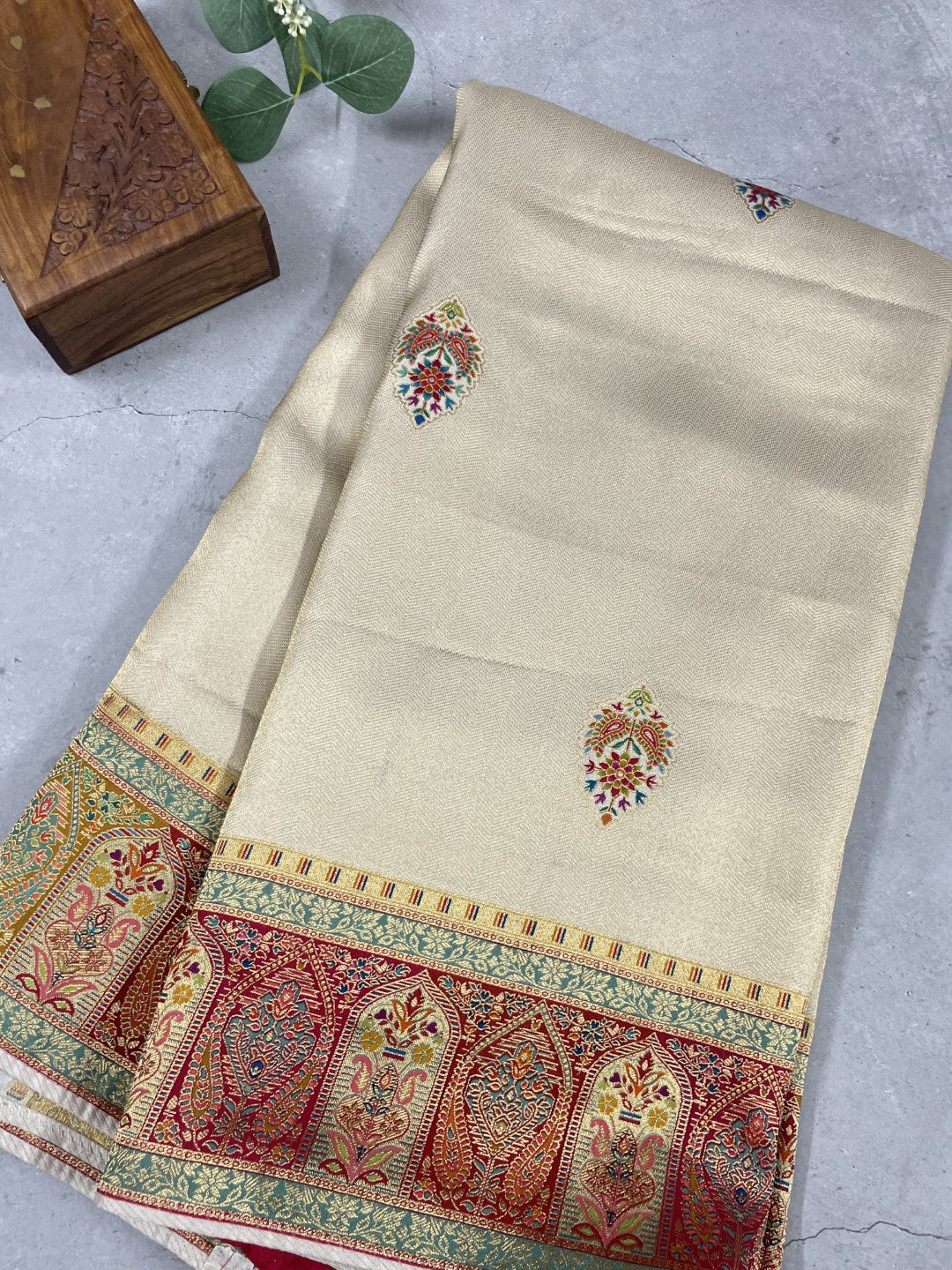 Off White Pashmina Tissue Silk Saree