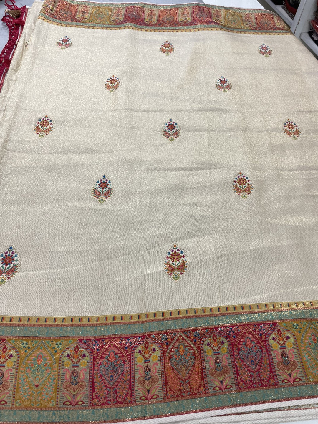 Off White Pashmina Tissue Silk Saree