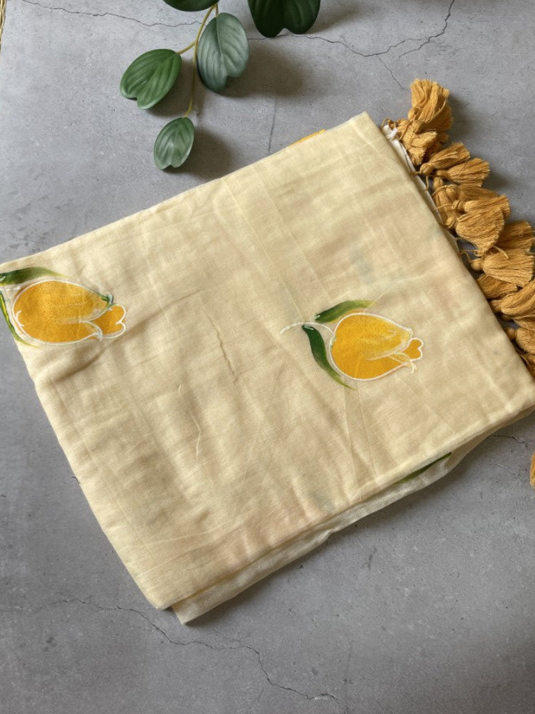 Light Yellow Handpaint Mul Cotton Saree