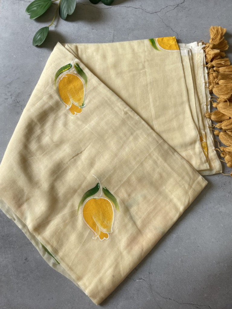 Light Yellow Handpaint Mul Cotton Saree