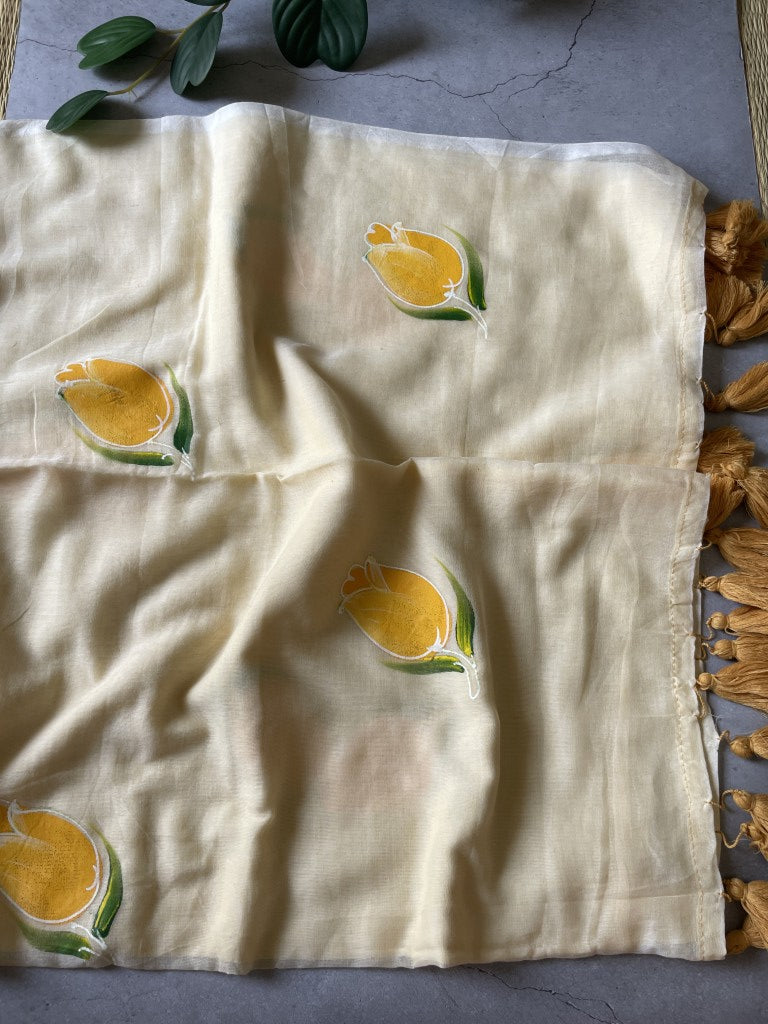 Light Yellow Handpaint Mul Cotton Saree
