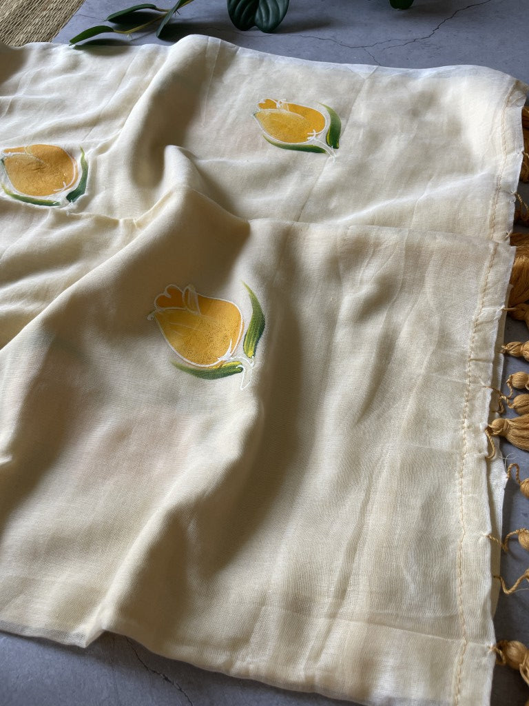 Light Yellow Handpaint Mul Cotton Saree