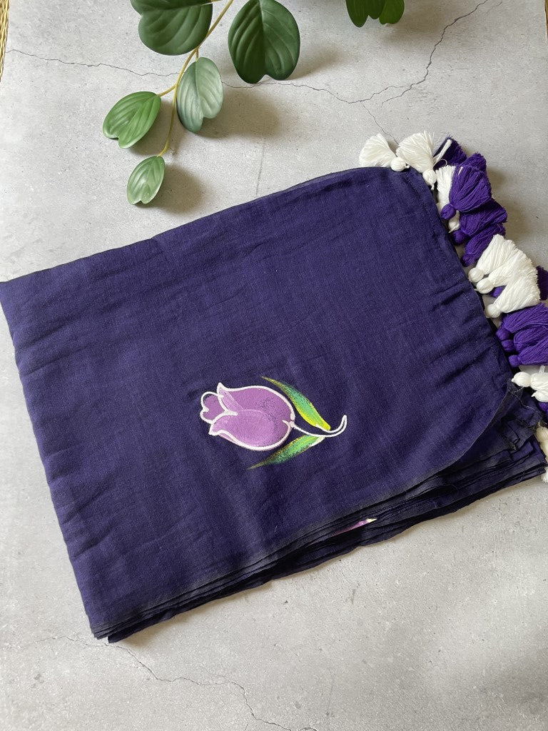 Navy Handpaint Mul Cotton Saree