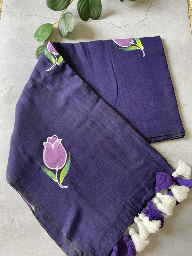 Navy Handpaint Mul Cotton Saree