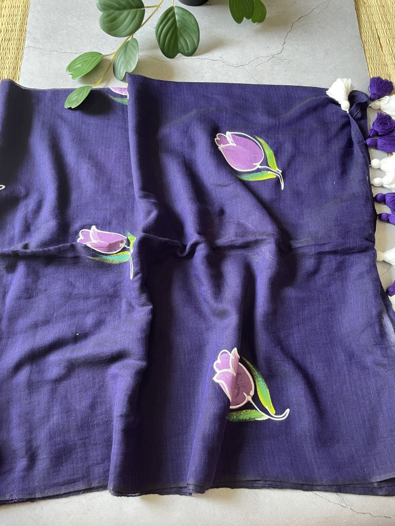 Navy Handpaint Mul Cotton Saree