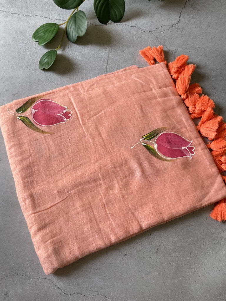 Peach Handpaint Mul Cotton Saree