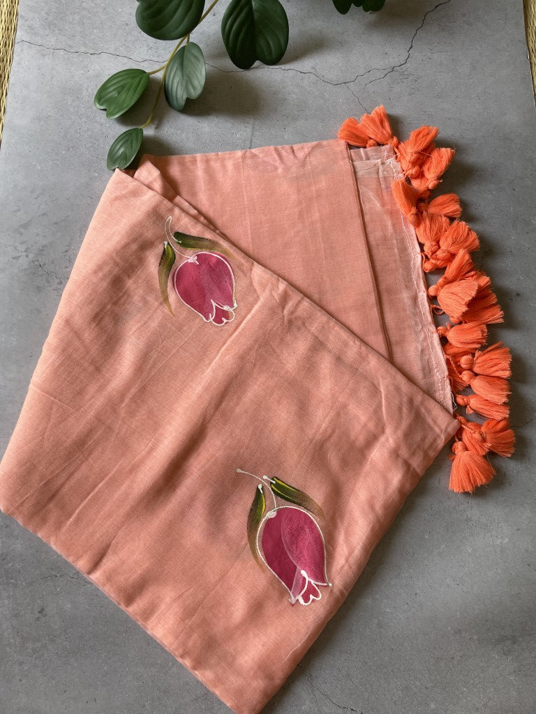 Peach Handpaint Mul Cotton Saree