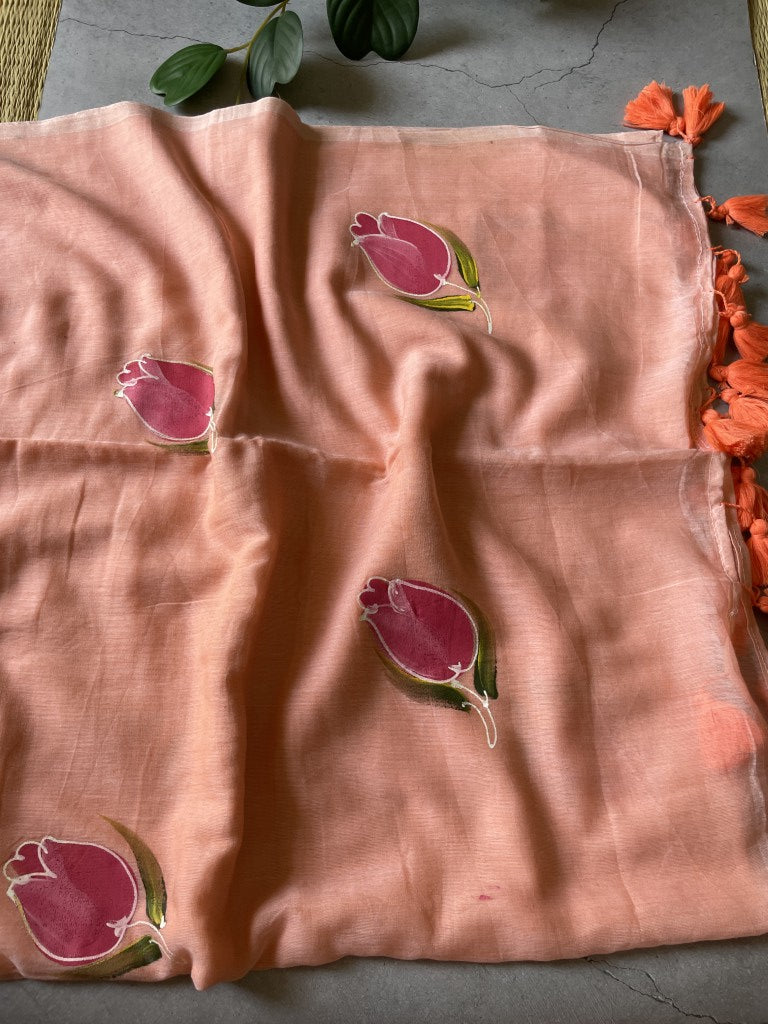 Peach Handpaint Mul Cotton Saree