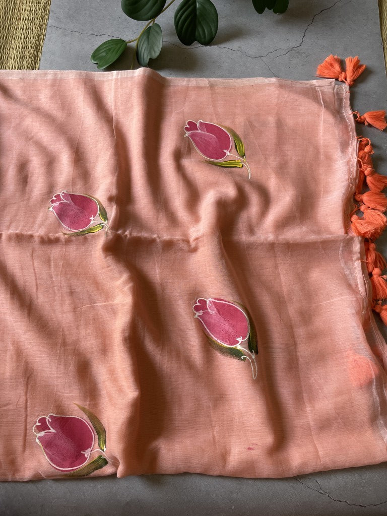 Peach Handpaint Mul Cotton Saree