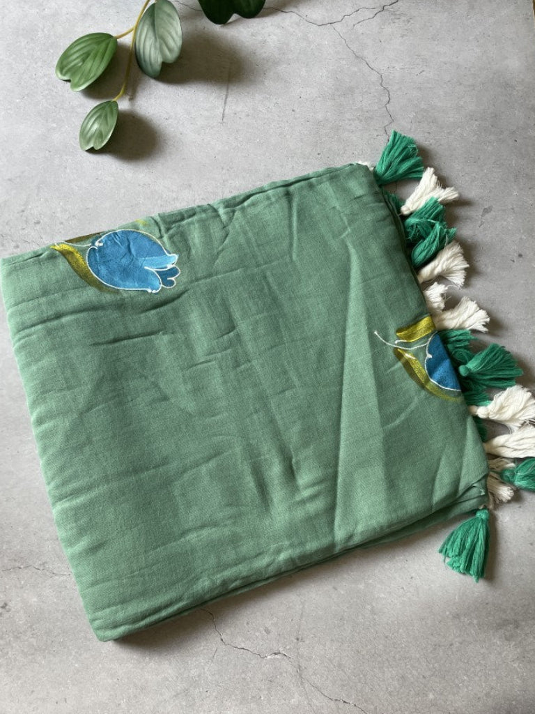 Green Handpaint Mul Cotton Saree
