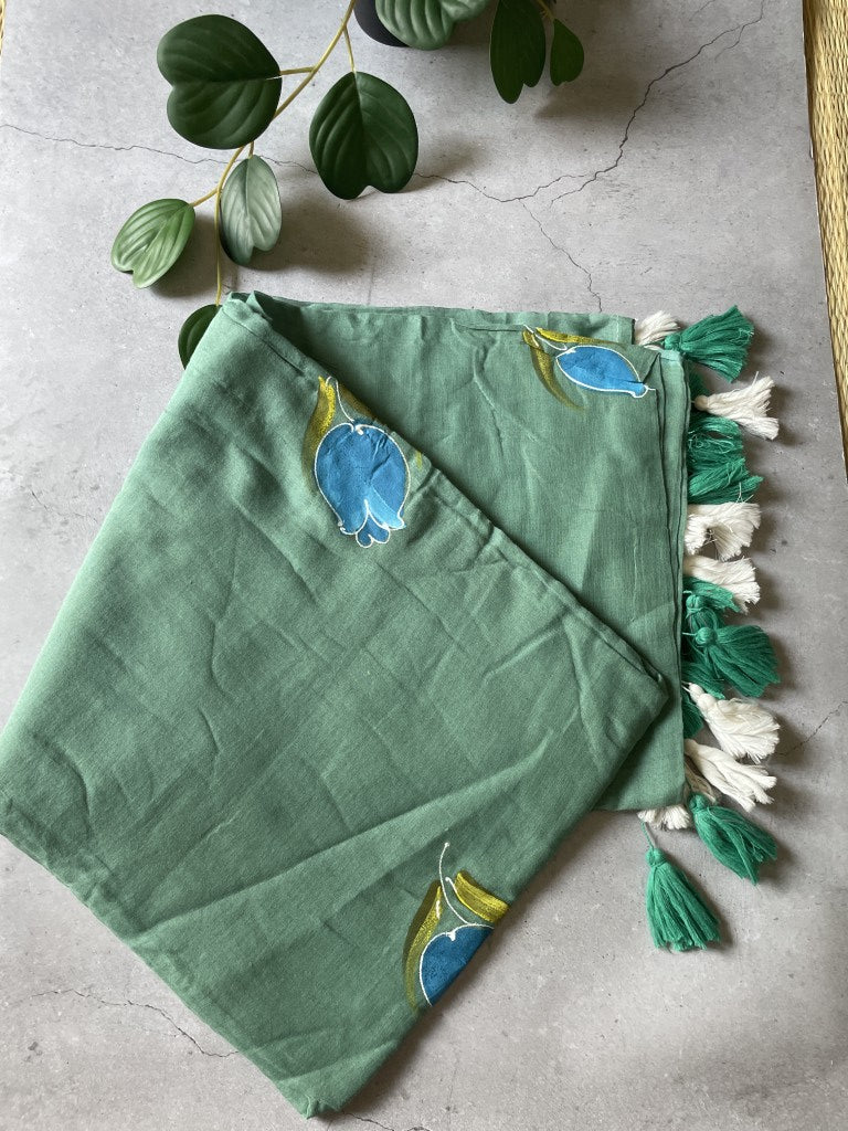 Green Handpaint Mul Cotton Saree