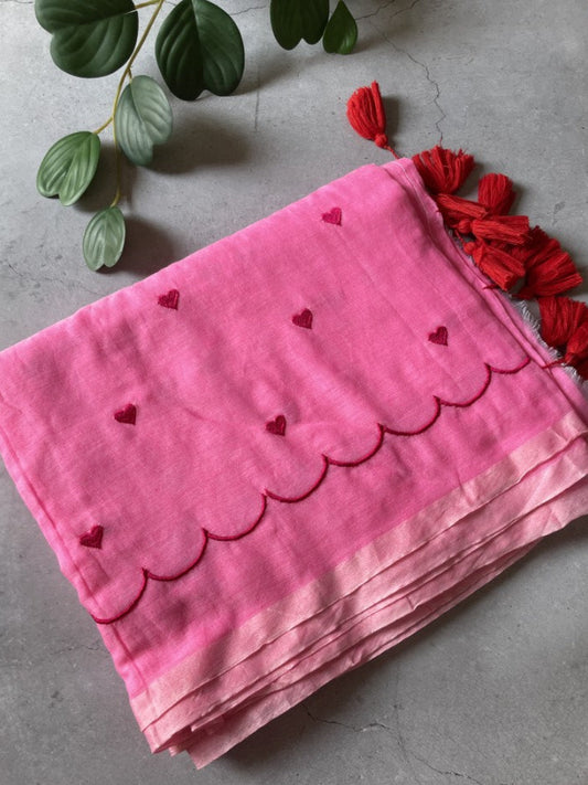 Pink Heart Embroidery Mul Cotton Saree