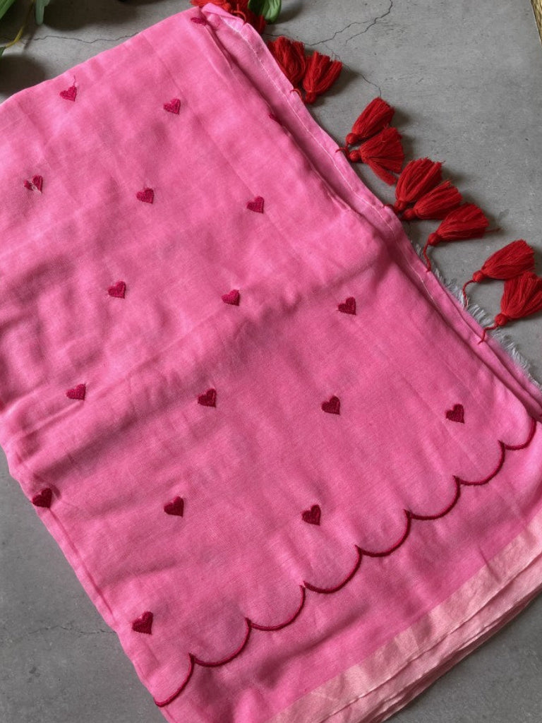 Pink Heart Embroidery Mul Cotton Saree