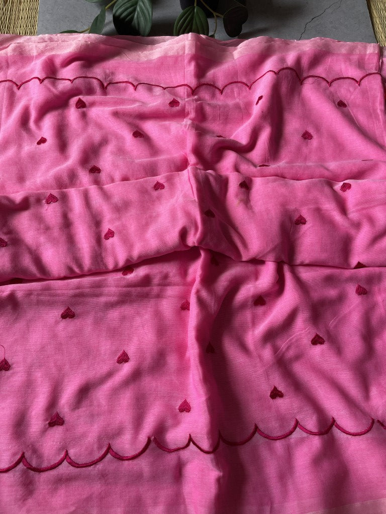 Pink Heart Embroidery Mul Cotton Saree