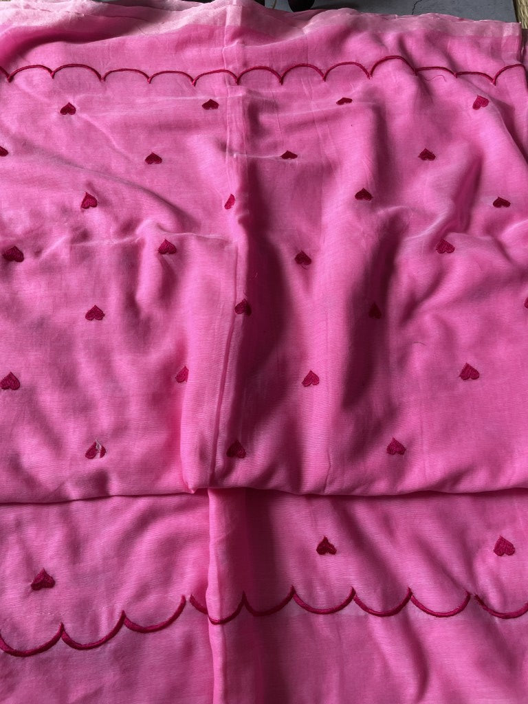 Pink Heart Embroidery Mul Cotton Saree