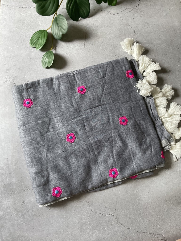 Grey Flower Embroidery Mul Cotton Saree