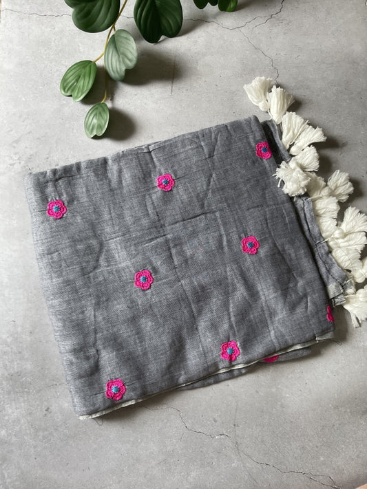 Grey Flower Embroidery Mul Cotton Saree