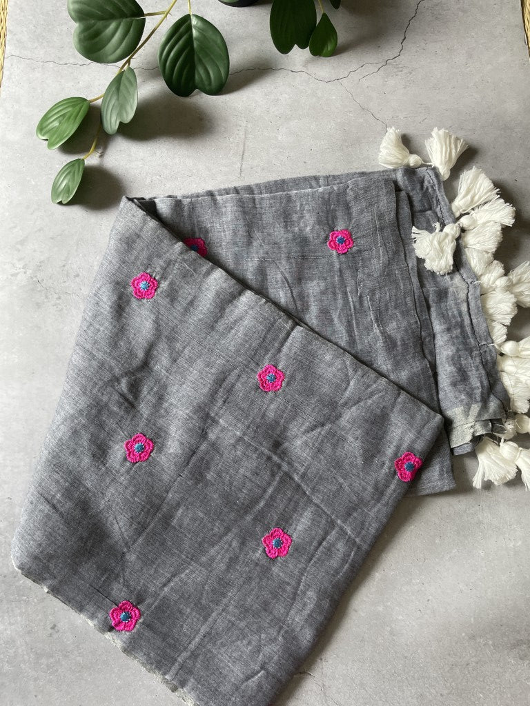 Grey Flower Embroidery Mul Cotton Saree