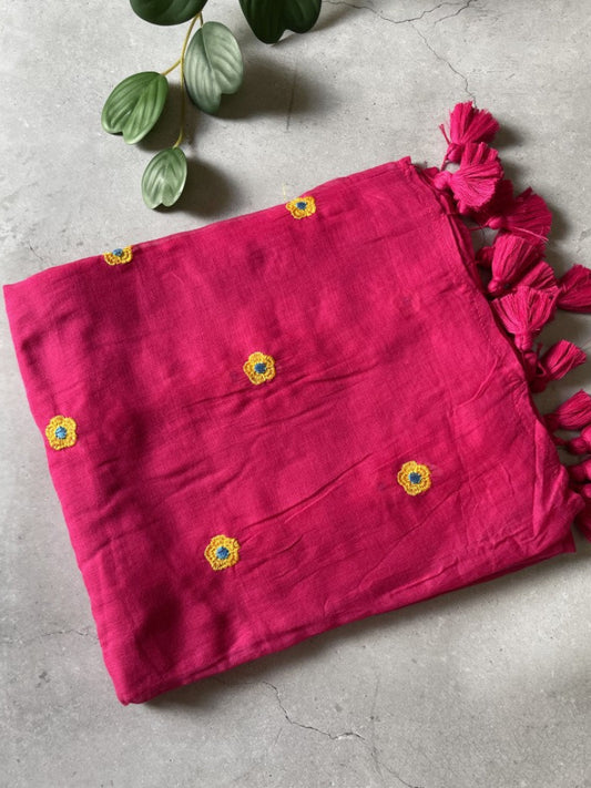 Pink Flower Embroidery Mul Cotton Saree