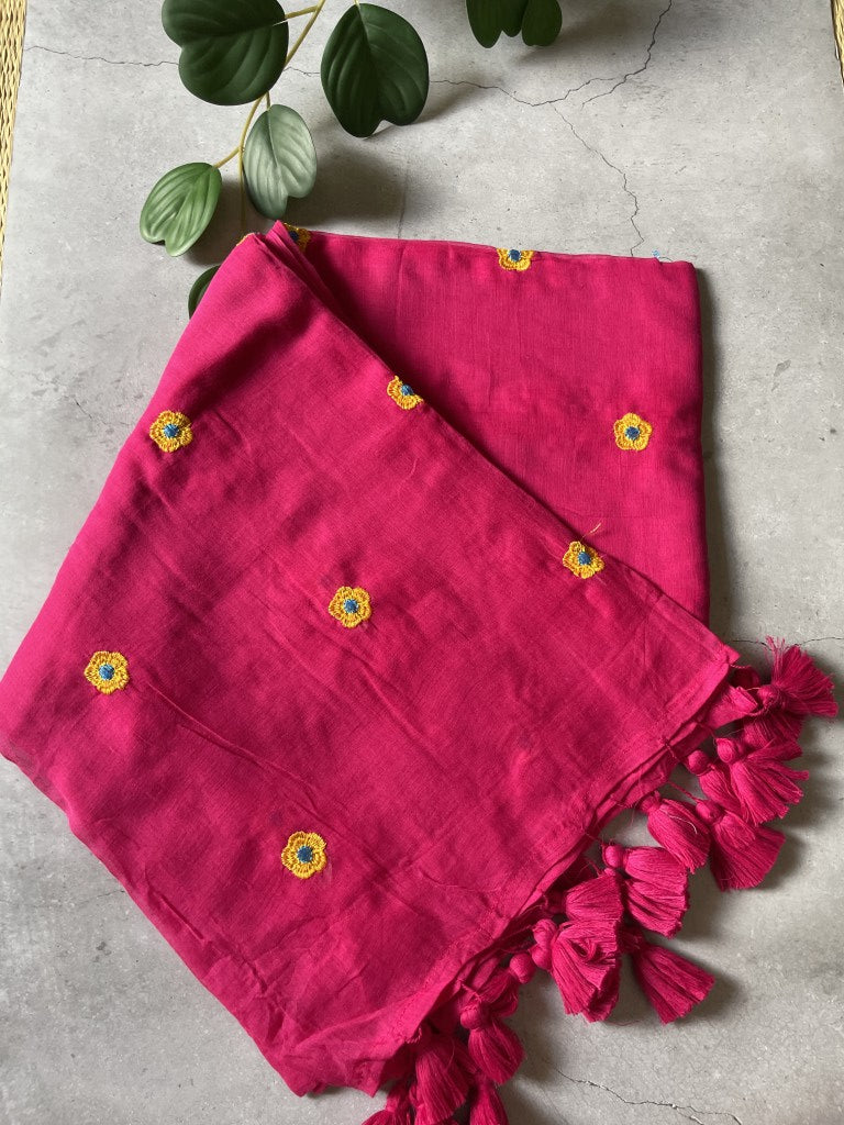 Pink Flower Embroidery Mul Cotton Saree