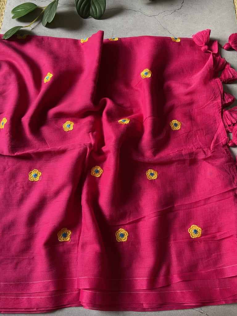 Pink Flower Embroidery Mul Cotton Saree