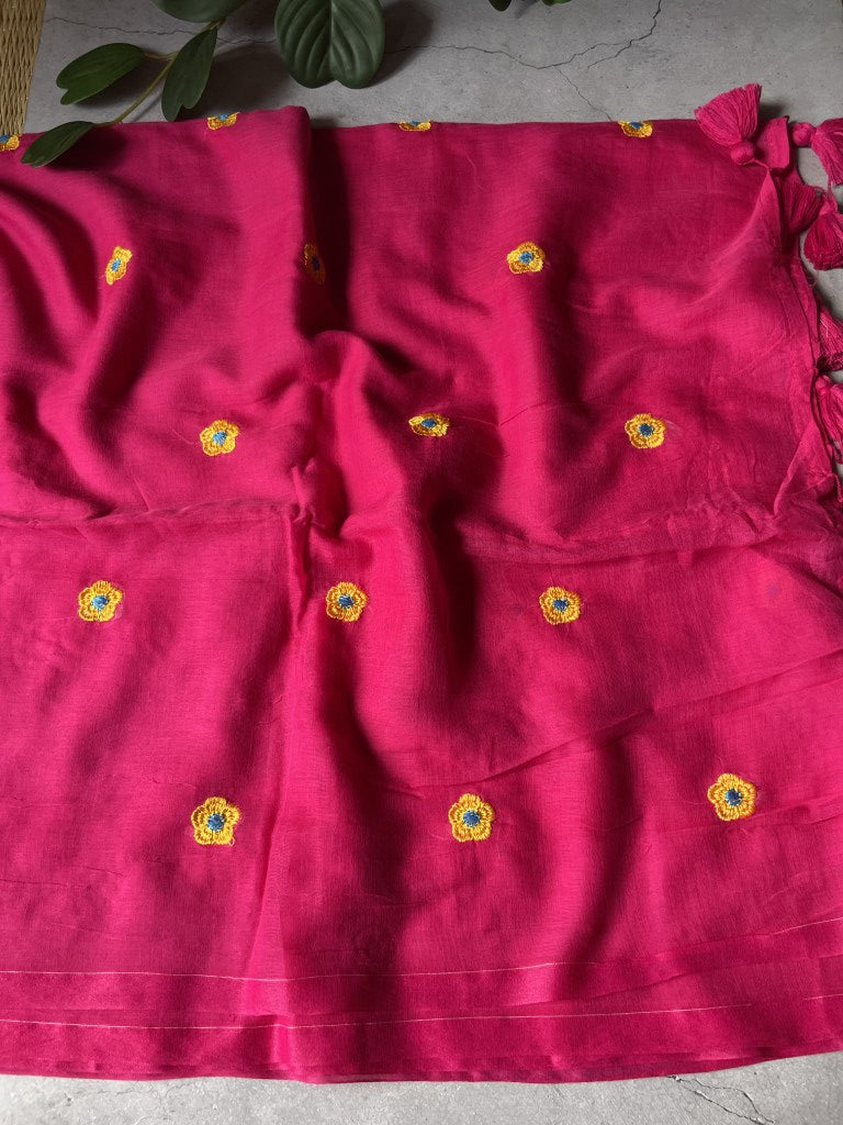 Pink Flower Embroidery Mul Cotton Saree