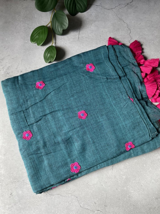Blue Flower Embroidery Mul Cotton Saree