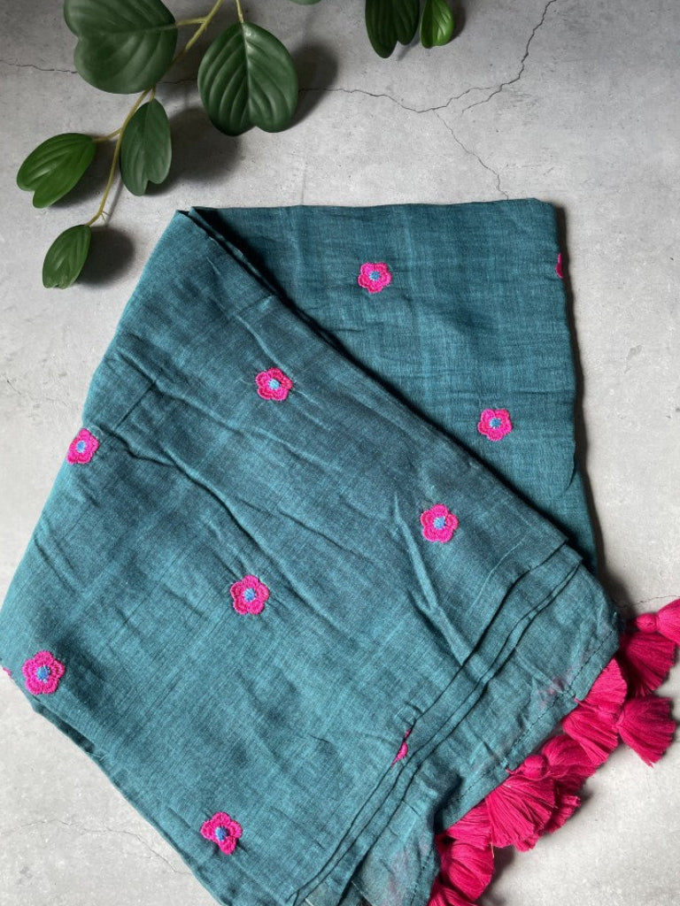 Blue Flower Embroidery Mul Cotton Saree