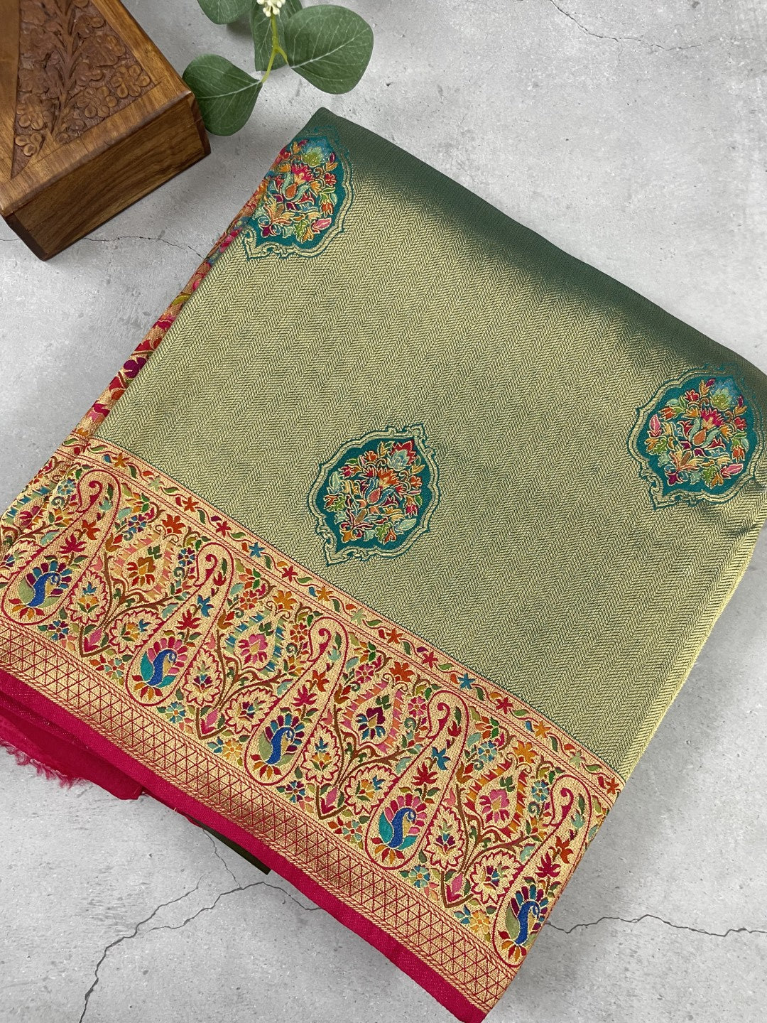 Green Pashmina Tissue Silk Saree