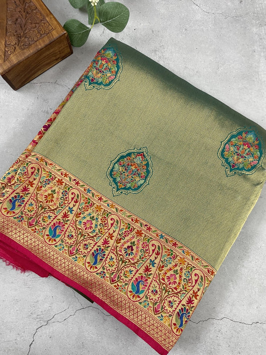 Green Pashmina Tissue Silk Saree