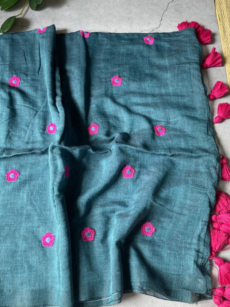 Blue Flower Embroidery Mul Cotton Saree