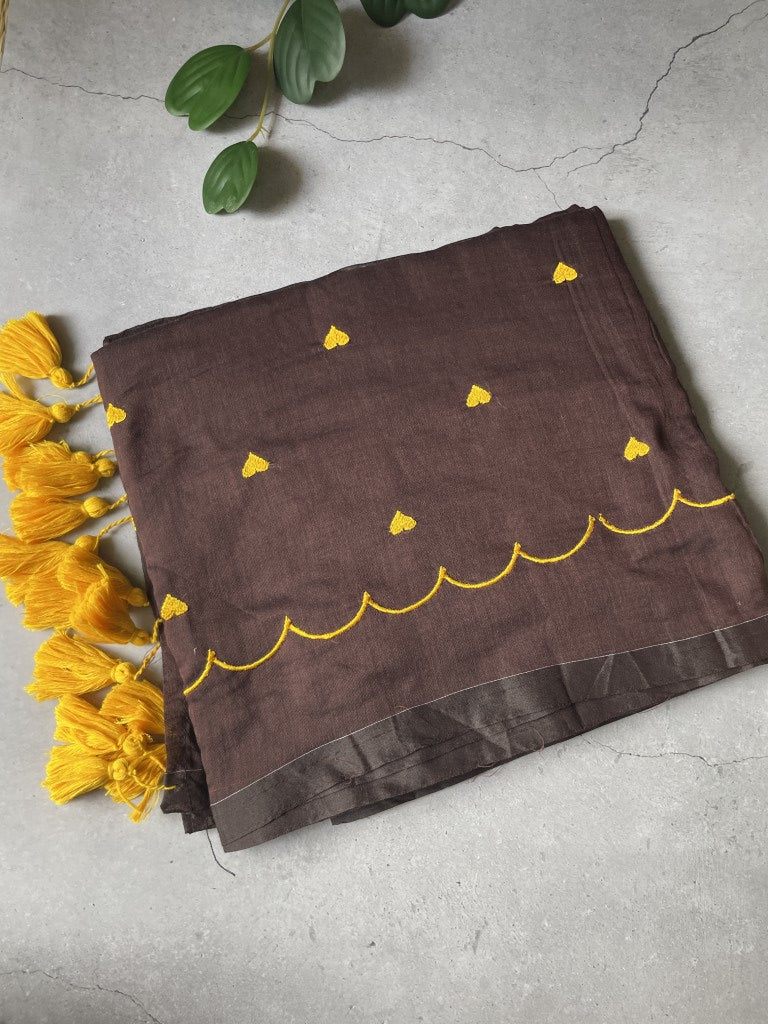 Brown Heart Embroidery Mul Cotton Saree