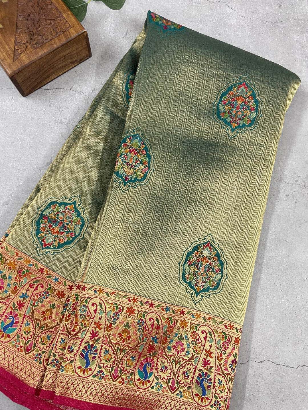 Green Pashmina Tissue Silk Saree