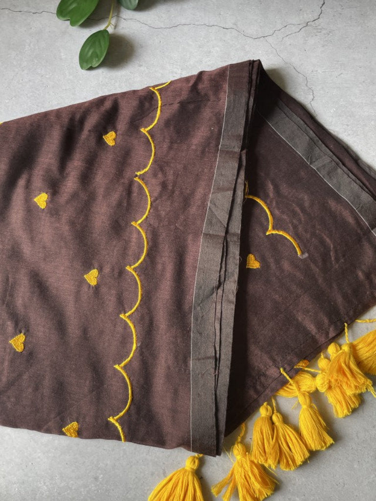 Brown Heart Embroidery Mul Cotton Saree