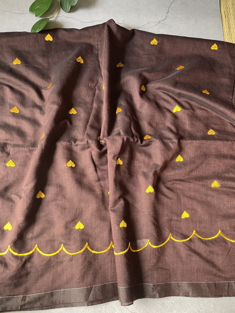 Brown Heart Embroidery Mul Cotton Saree