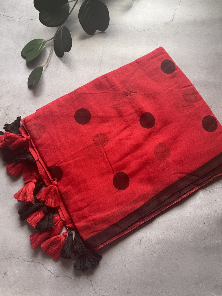 Red Polka Mul Cotton Saree