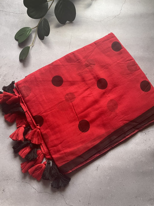 Red Polka Mul Cotton Saree