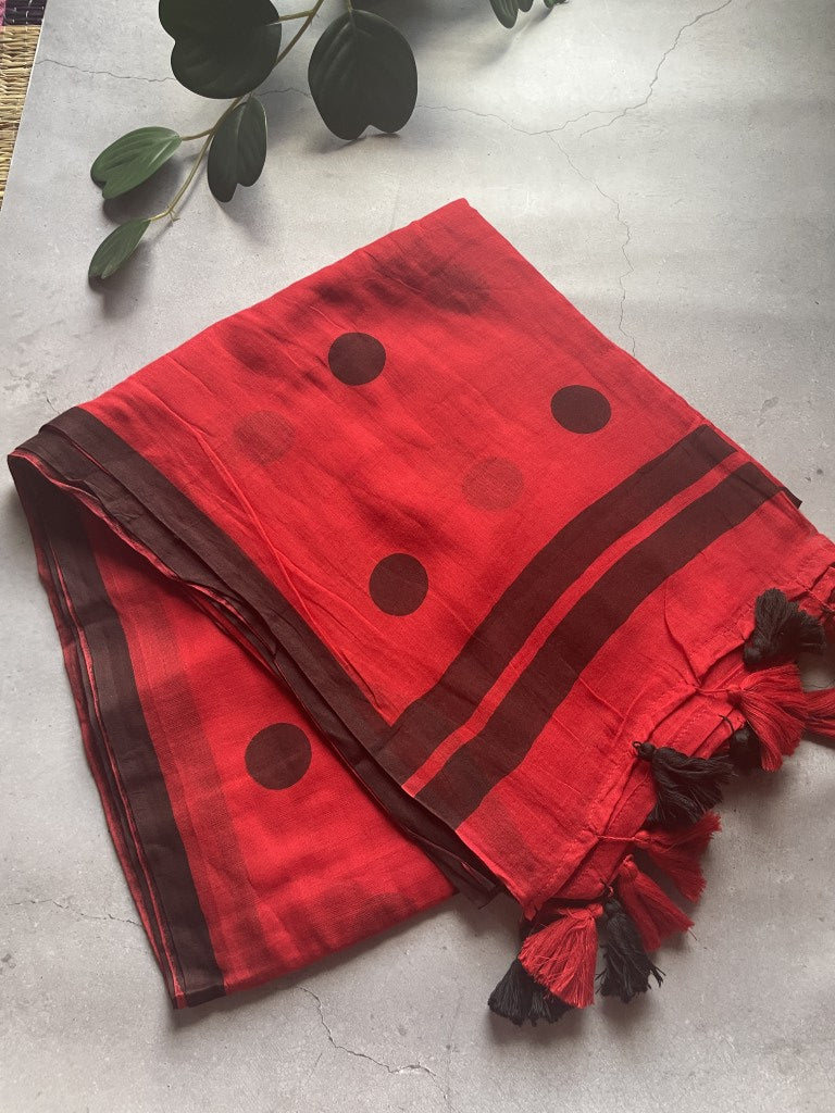 Red Polka Mul Cotton Saree