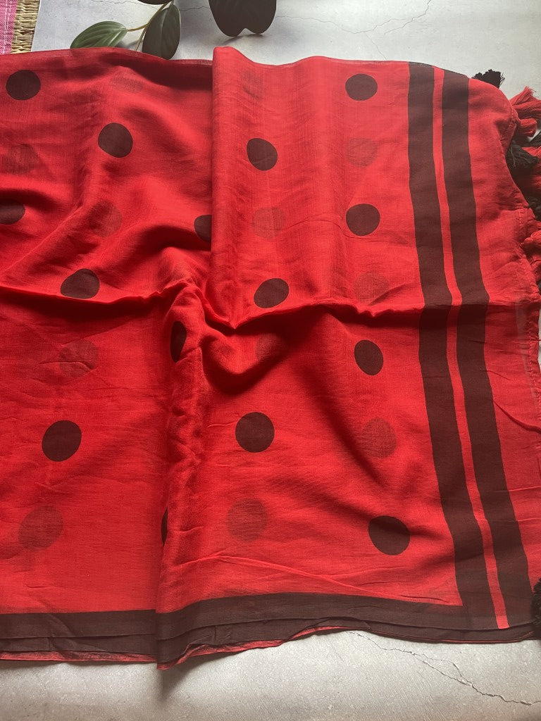 Red Polka Mul Cotton Saree