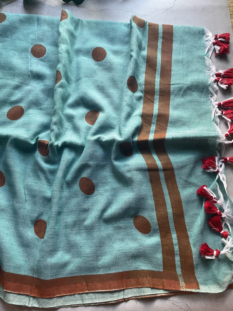 Blue Polka Khadi Mul Cotton Saree
