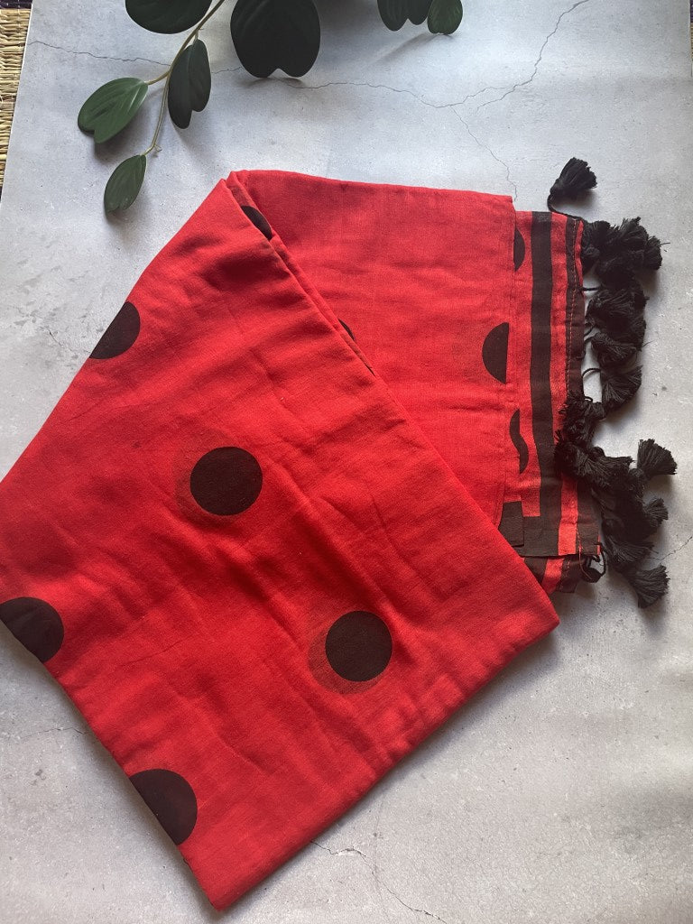 Red Polka Mul Cotton Saree