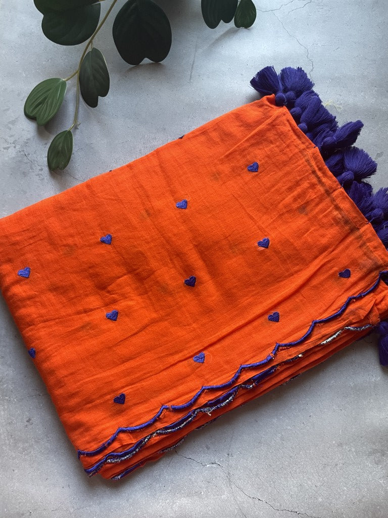 Orange Heart Embroidery Pure Mul Cotton Saree