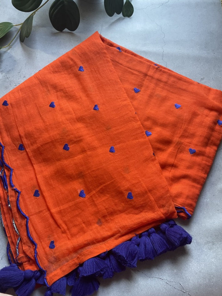 Orange Heart Embroidery Pure Mul Cotton Saree