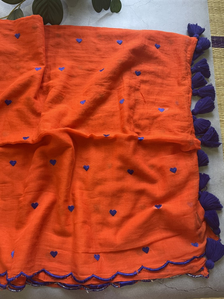 Orange Heart Embroidery Pure Mul Cotton Saree