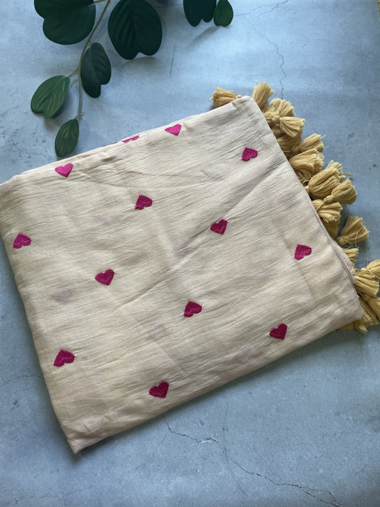 Peach Heart Embroidery Pure Mul Cotton Saree
