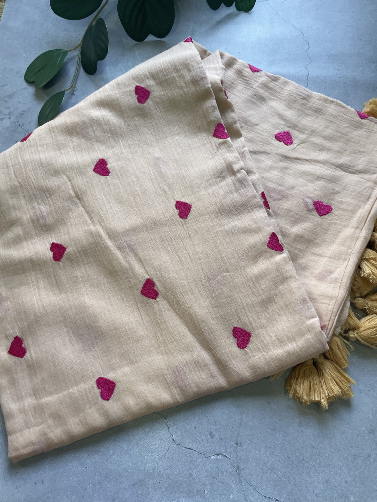 Peach Heart Embroidery Pure Mul Cotton Saree