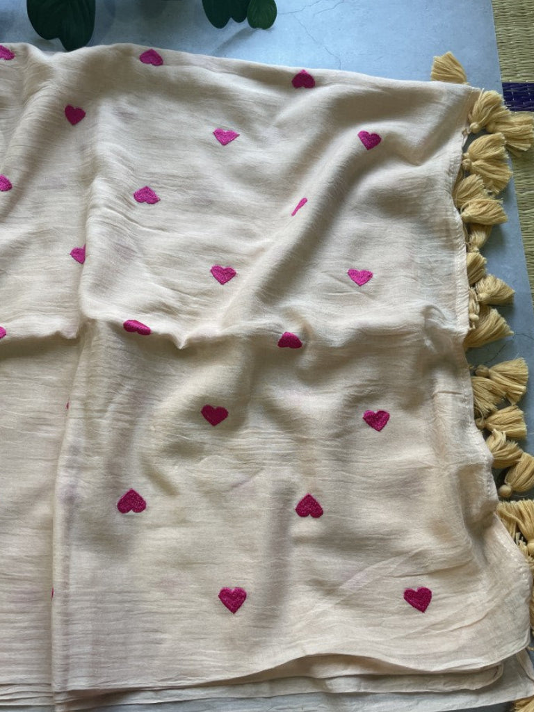 Peach Heart Embroidery Pure Mul Cotton Saree