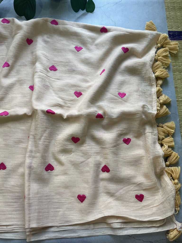 Peach Heart Embroidery Pure Mul Cotton Saree