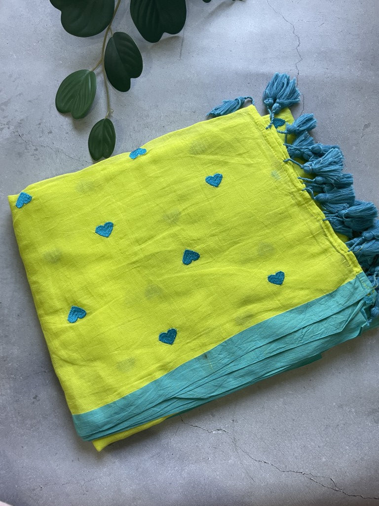 Green Heart Embroidery Pure Mul Cotton Saree